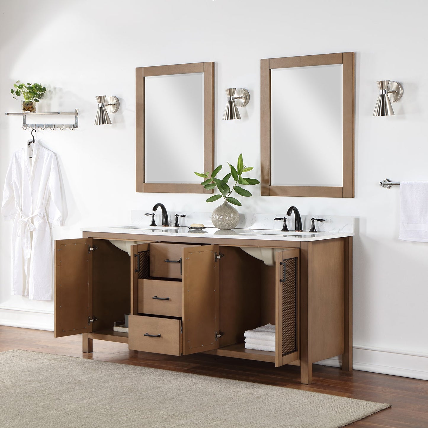 Hadiya 72" Double Bathroom Vanity Set in Brown Pine with Aosta White Engineered Stone Countertop with Mirror