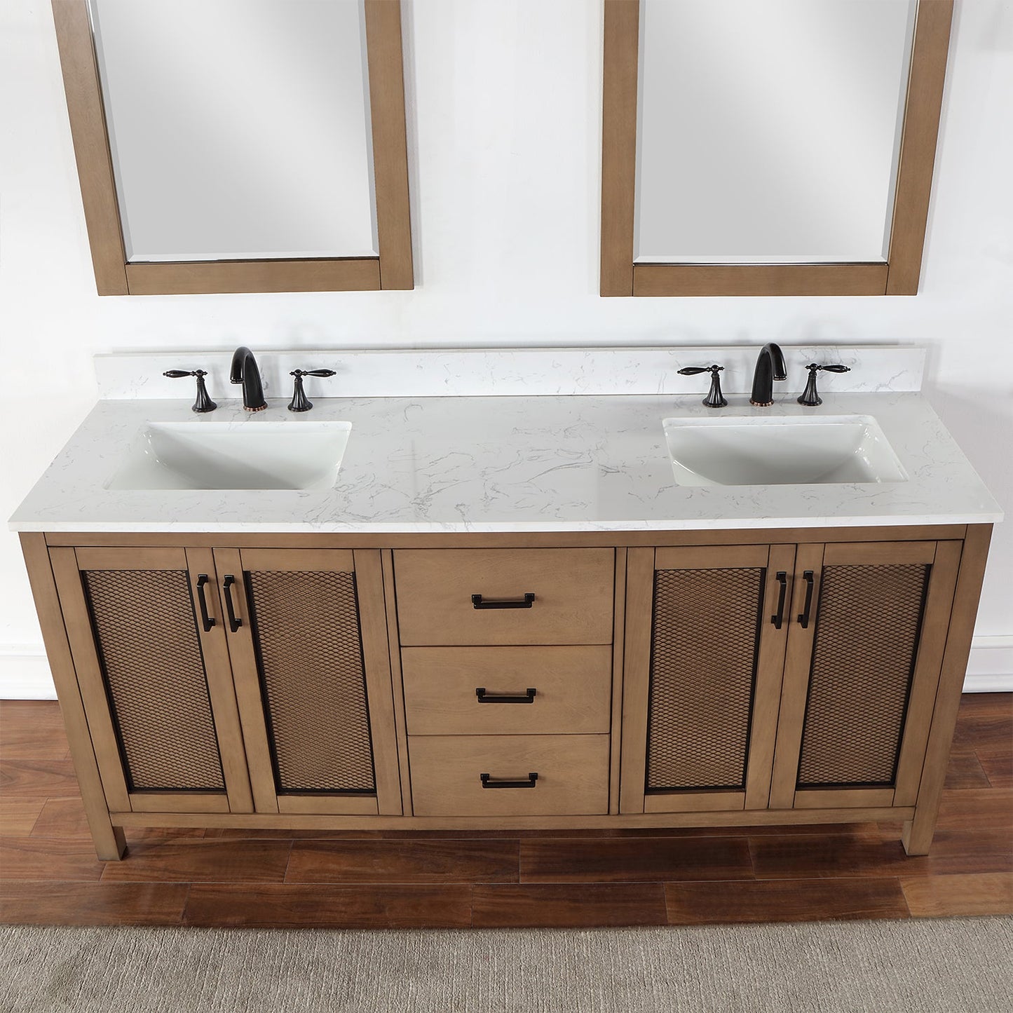 Hadiya 72" Double Bathroom Vanity Set in Brown Pine with Aosta White Engineered Stone Countertop with Mirror