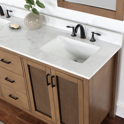Hadiya 72" Double Bathroom Vanity Set in Brown Pine with Aosta White Engineered Stone Countertop with Mirror