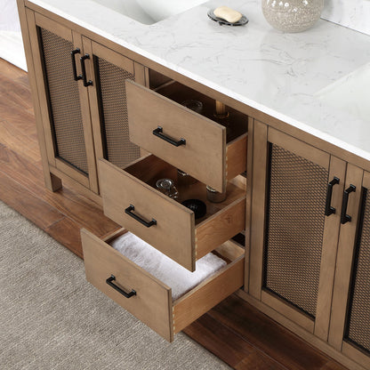Hadiya 72" Double Bathroom Vanity Set in Brown Pine with Aosta White Engineered Stone Countertop with Mirror