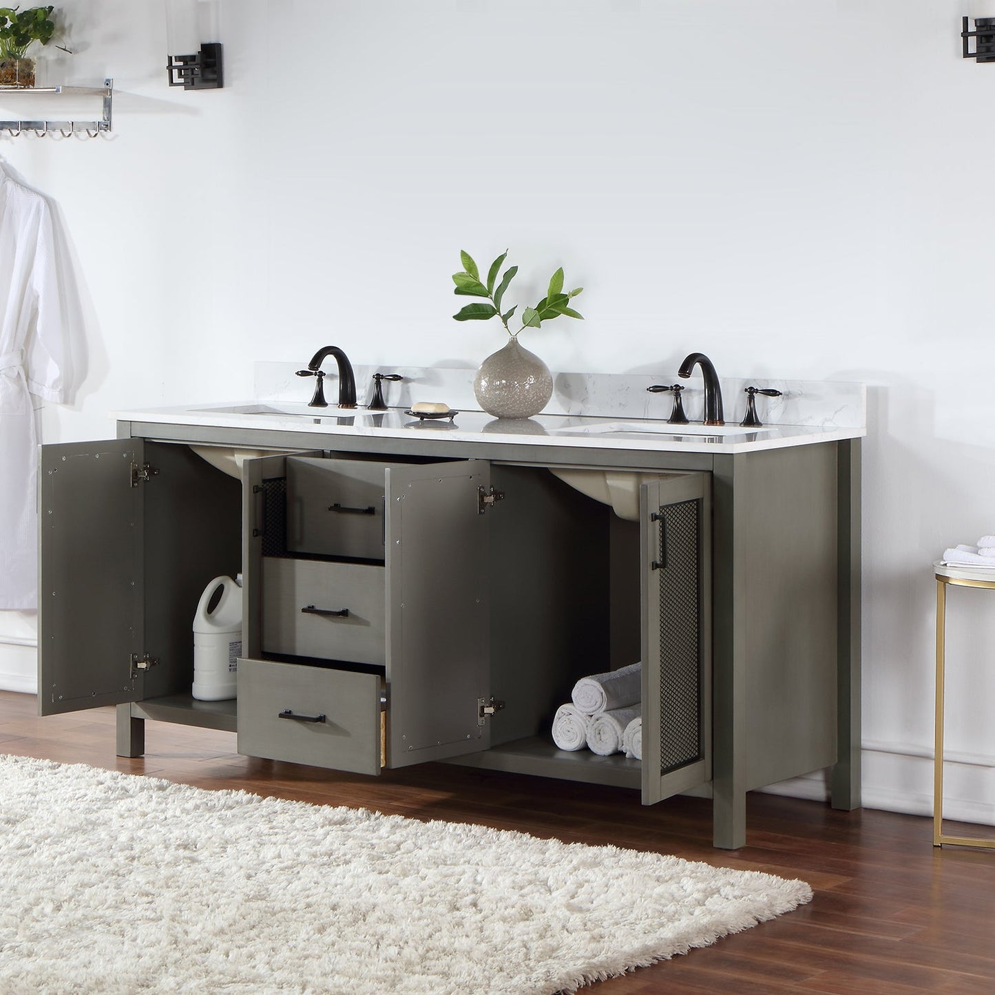 Hadiya 72" Double Bathroom Vanity Set in Gray Pine with Aosta White Engineered Stone Countertop without Mirror