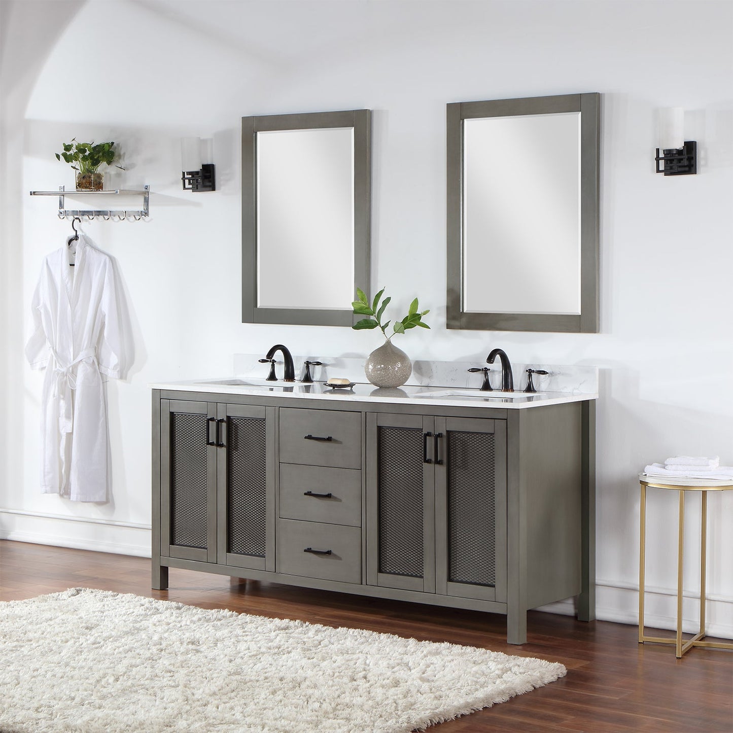 Hadiya 72" Double Bathroom Vanity Set in Gray Pine with Aosta White Engineered Stone Countertop with Mirror