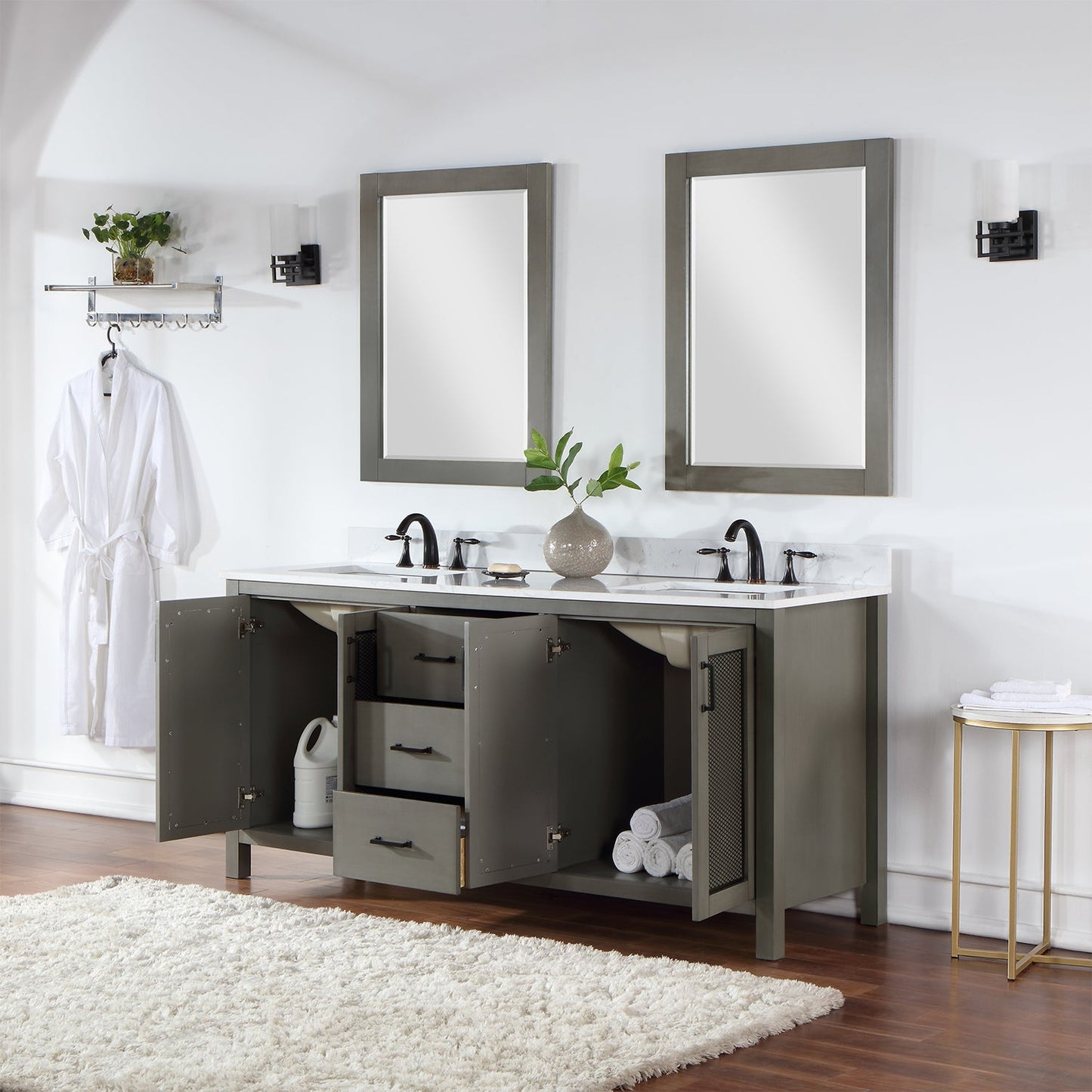 Hadiya 72" Double Bathroom Vanity Set in Gray Pine with Aosta White Engineered Stone Countertop with Mirror