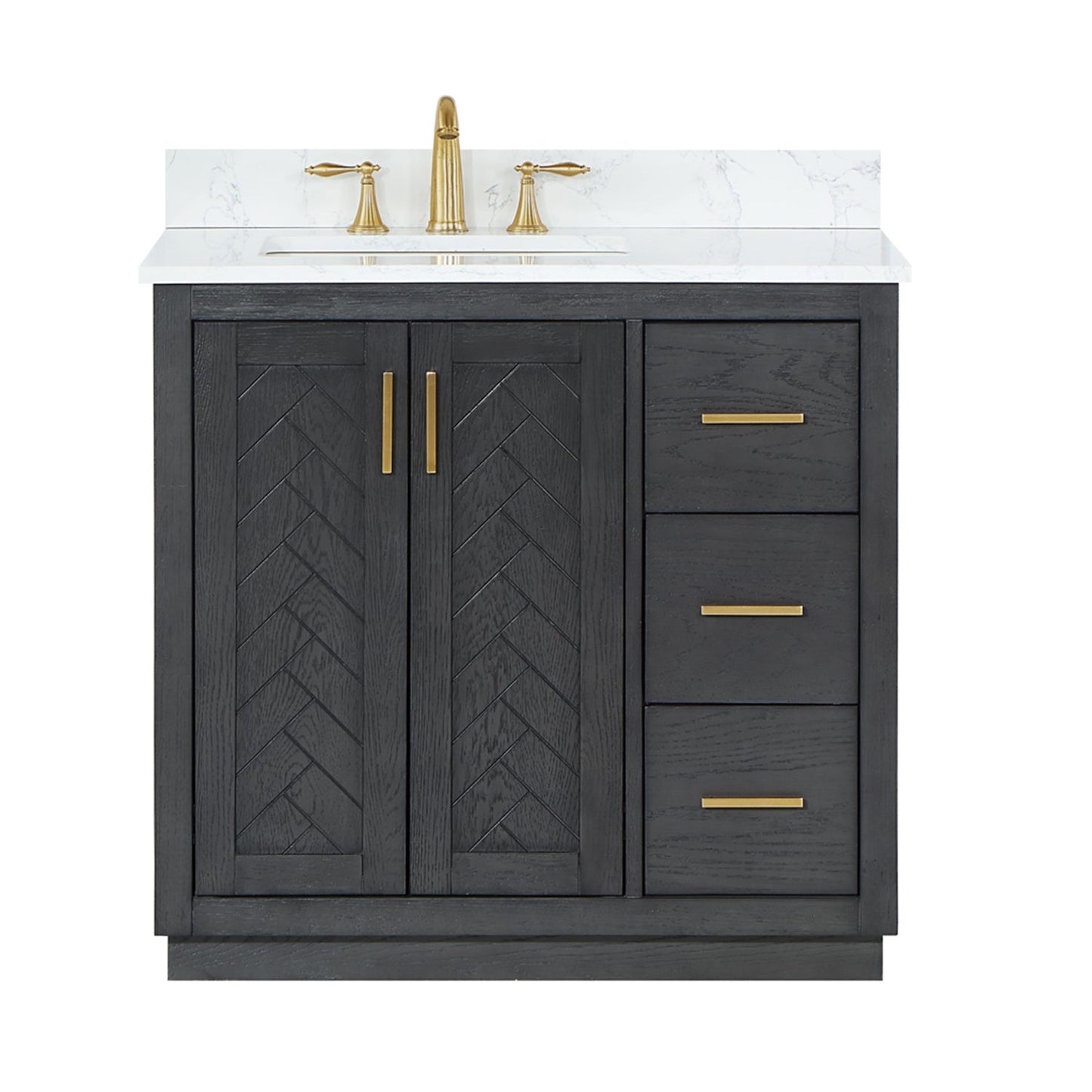 Gazsi 36" Single Bathroom Vanity Set in Brown Oak with Grain White Engineered Stone Countertop without Mirror
