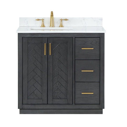 Gazsi 36" Single Bathroom Vanity Set in Brown Oak with Grain White Engineered Stone Countertop without Mirror