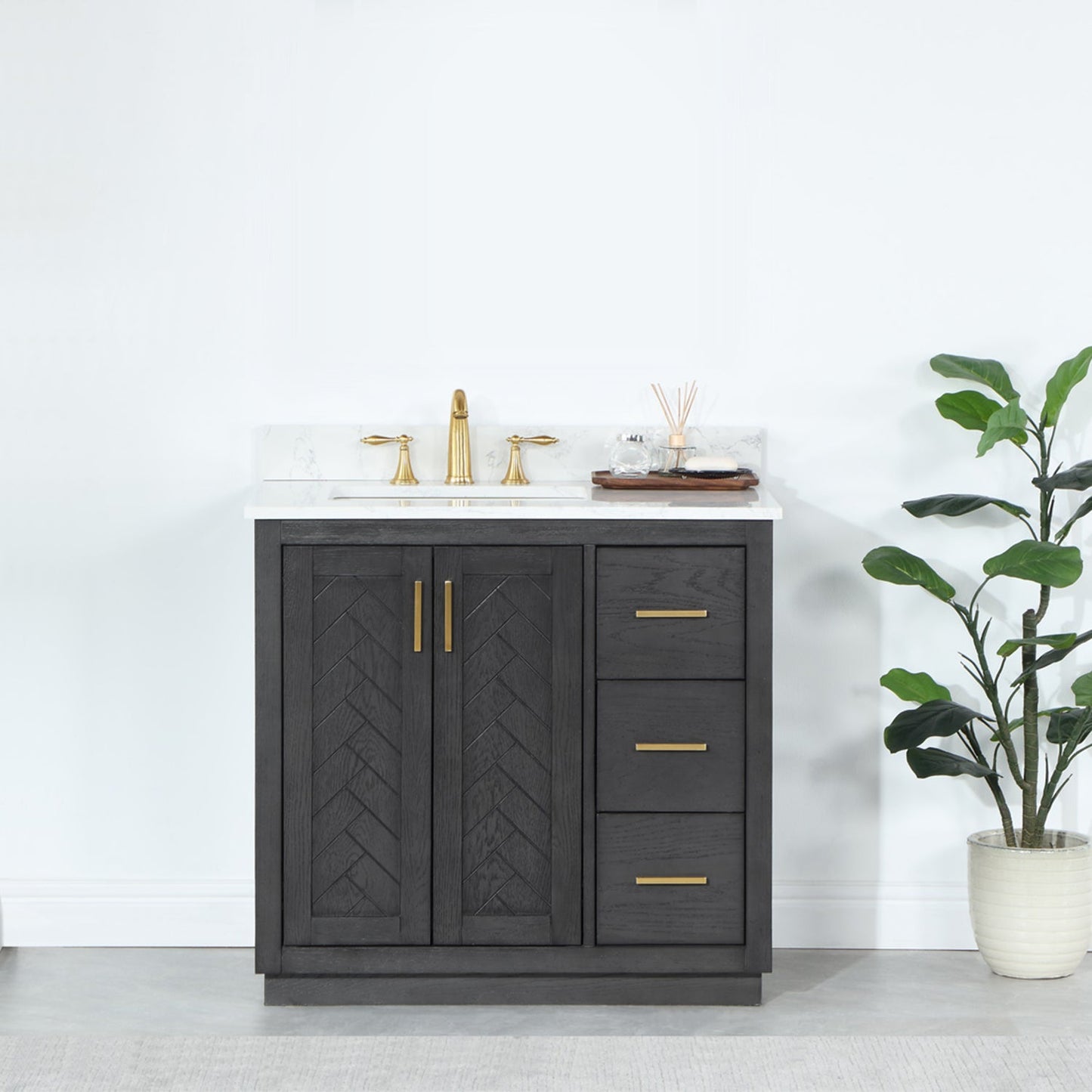 Gazsi 36" Single Bathroom Vanity Set in Brown Oak with Grain White Engineered Stone Countertop without Mirror