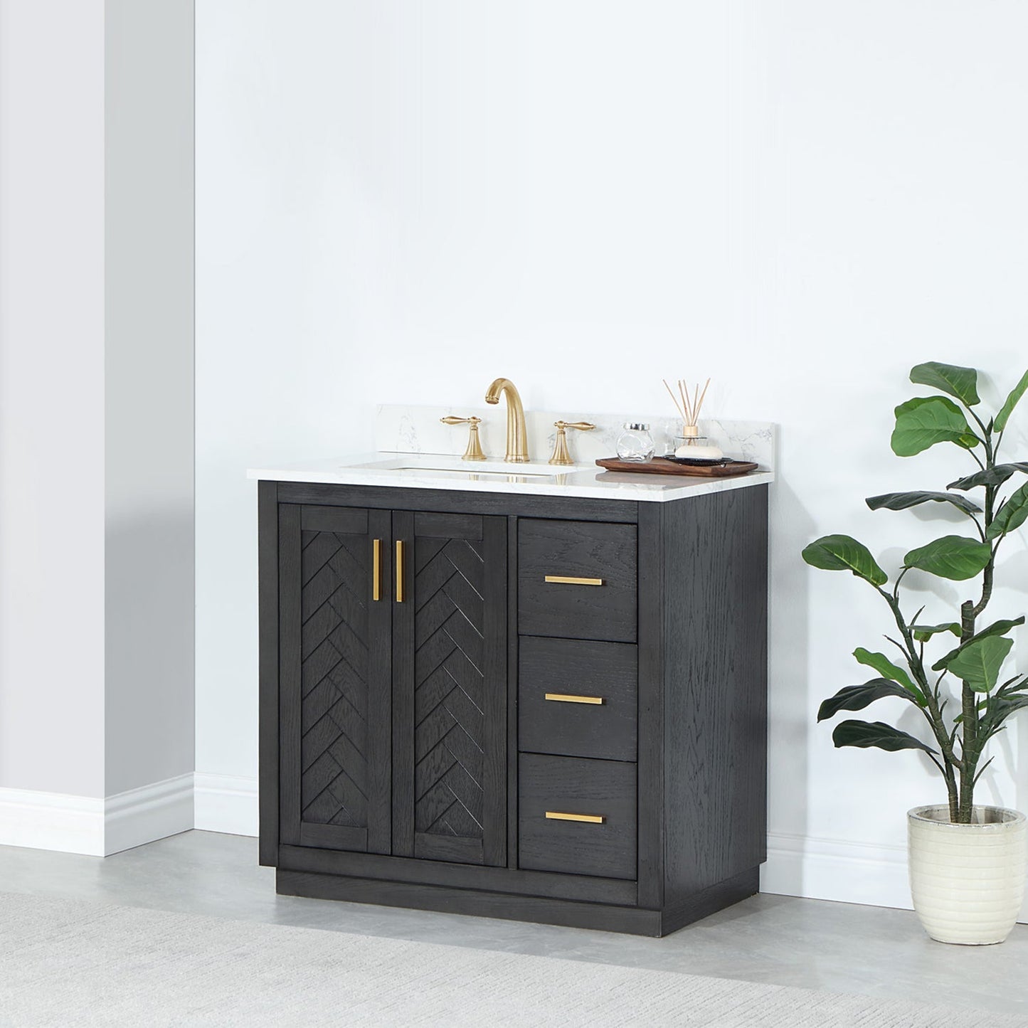 Gazsi 36" Single Bathroom Vanity Set in Brown Oak with Grain White Engineered Stone Countertop without Mirror