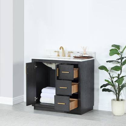 Gazsi 36" Single Bathroom Vanity Set in Brown Oak with Grain White Engineered Stone Countertop without Mirror