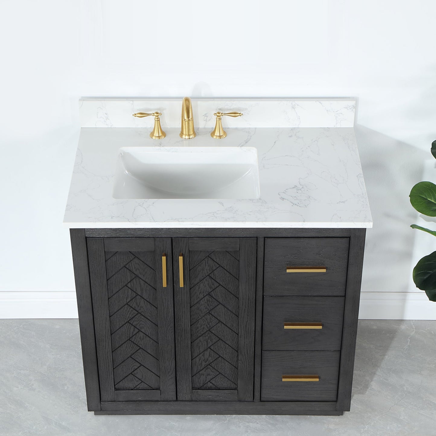 Gazsi 36" Single Bathroom Vanity Set in Brown Oak with Grain White Engineered Stone Countertop without Mirror