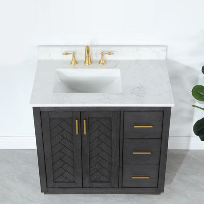 Gazsi 36" Single Bathroom Vanity Set in Brown Oak with Grain White Engineered Stone Countertop without Mirror