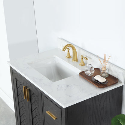 Gazsi 36" Single Bathroom Vanity Set in Brown Oak with Grain White Engineered Stone Countertop without Mirror