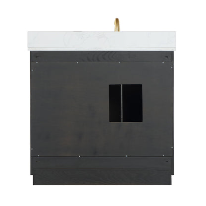 Gazsi 36" Single Bathroom Vanity Set in Brown Oak with Grain White Engineered Stone Countertop without Mirror