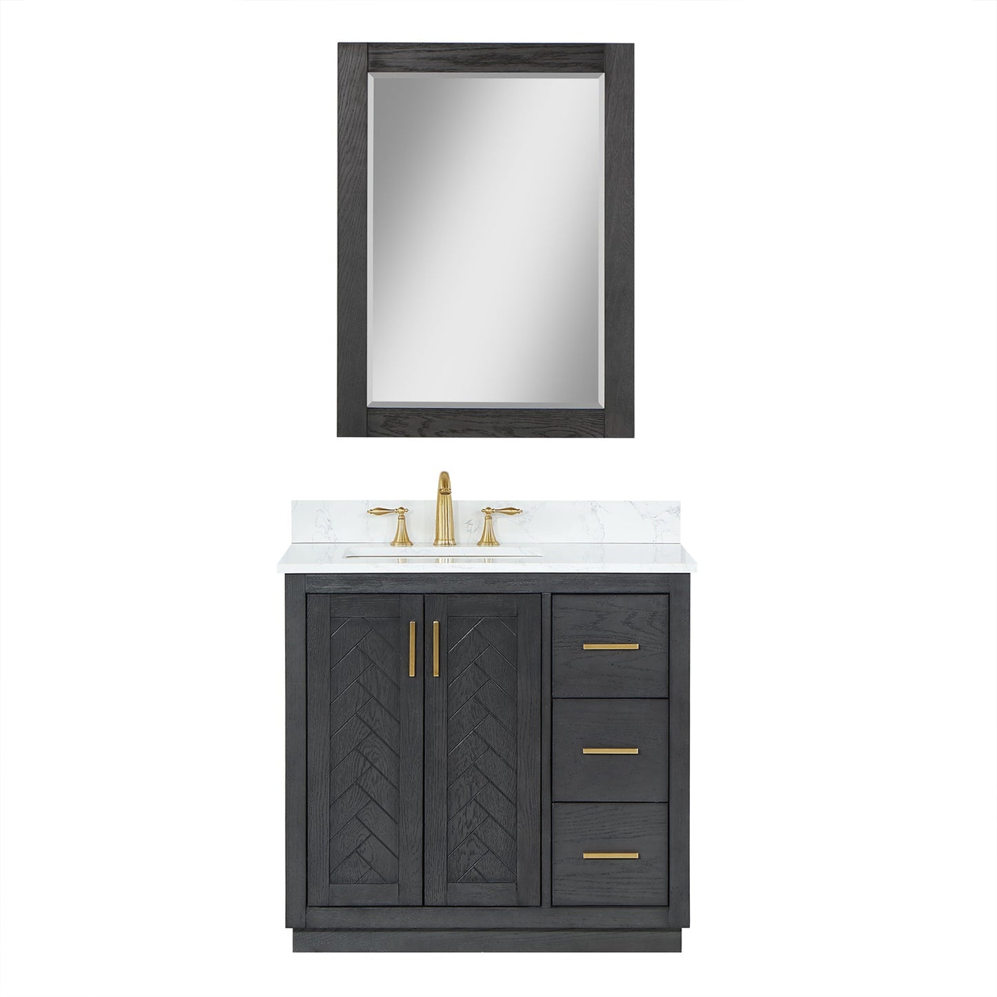Gazsi 36" Single Bathroom Vanity Set in Brown Oak with Grain White Engineered Stone Countertop with Mirror