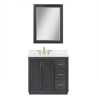 Gazsi 36" Single Bathroom Vanity Set in Brown Oak with Grain White Engineered Stone Countertop with Mirror