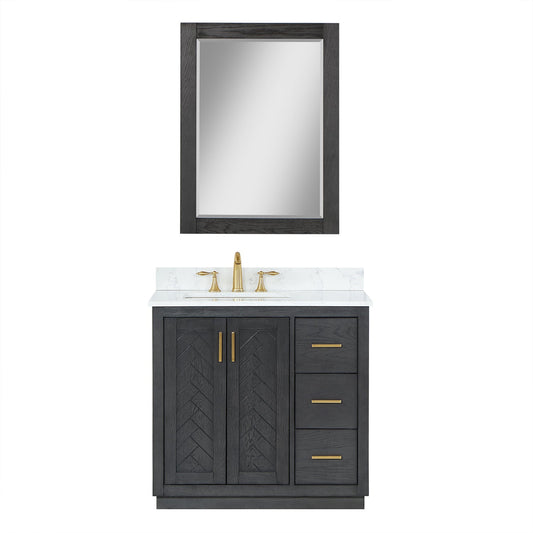 Gazsi 36" Single Bathroom Vanity Set in Brown Oak with Grain White Engineered Stone Countertop with Mirror