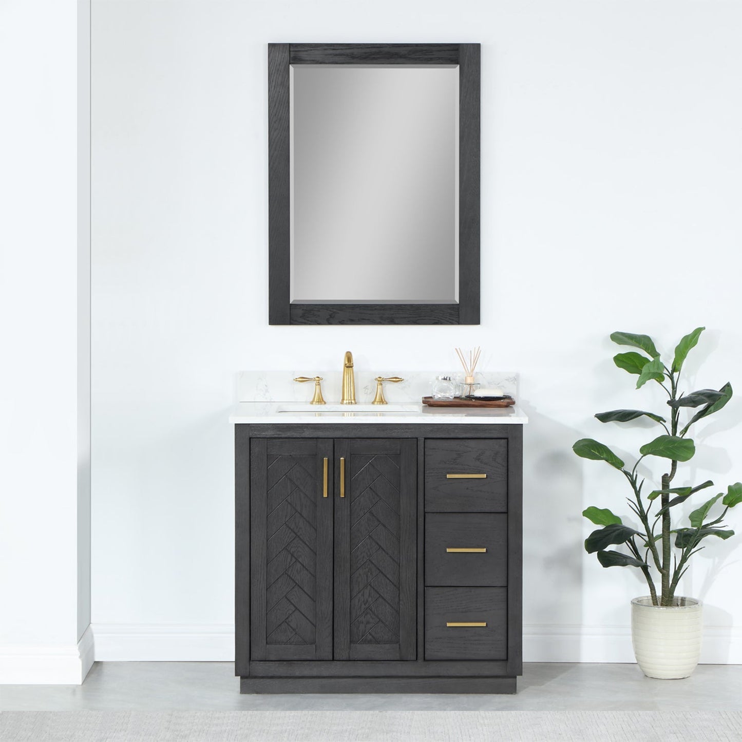 Gazsi 36" Single Bathroom Vanity Set in Brown Oak with Grain White Engineered Stone Countertop with Mirror