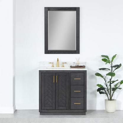 Gazsi 36" Single Bathroom Vanity Set in Brown Oak with Grain White Engineered Stone Countertop with Mirror