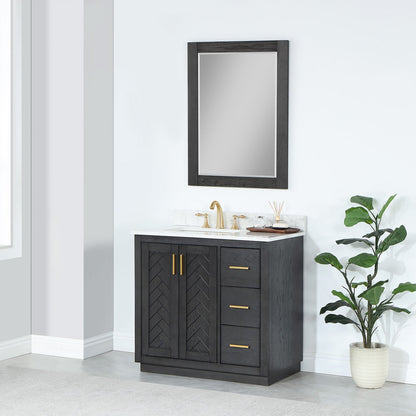 Gazsi 36" Single Bathroom Vanity Set in Brown Oak with Grain White Engineered Stone Countertop with Mirror