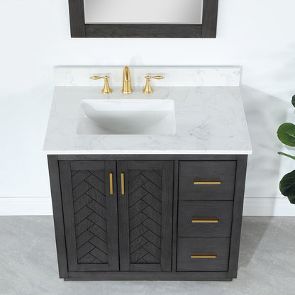 Gazsi 36" Single Bathroom Vanity Set in Brown Oak with Grain White Engineered Stone Countertop with Mirror