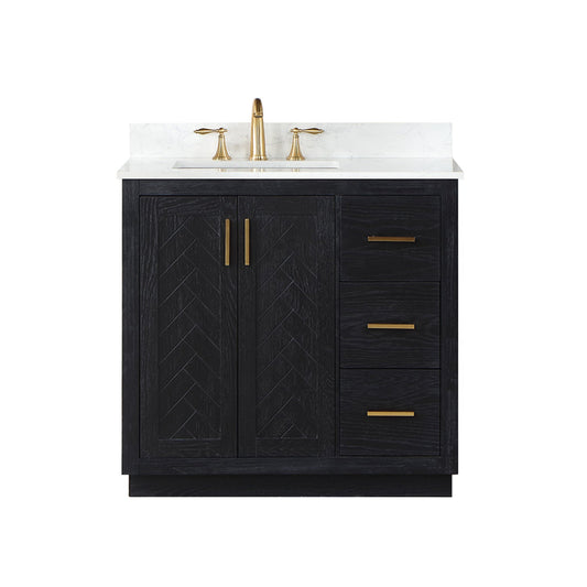 Gazsi 36" Single Bathroom Vanity Set in Black Oak with Grain White Engineered Stone Countertop without Mirror