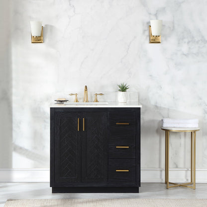 Gazsi 36" Single Bathroom Vanity Set in Black Oak with Grain White Engineered Stone Countertop without Mirror