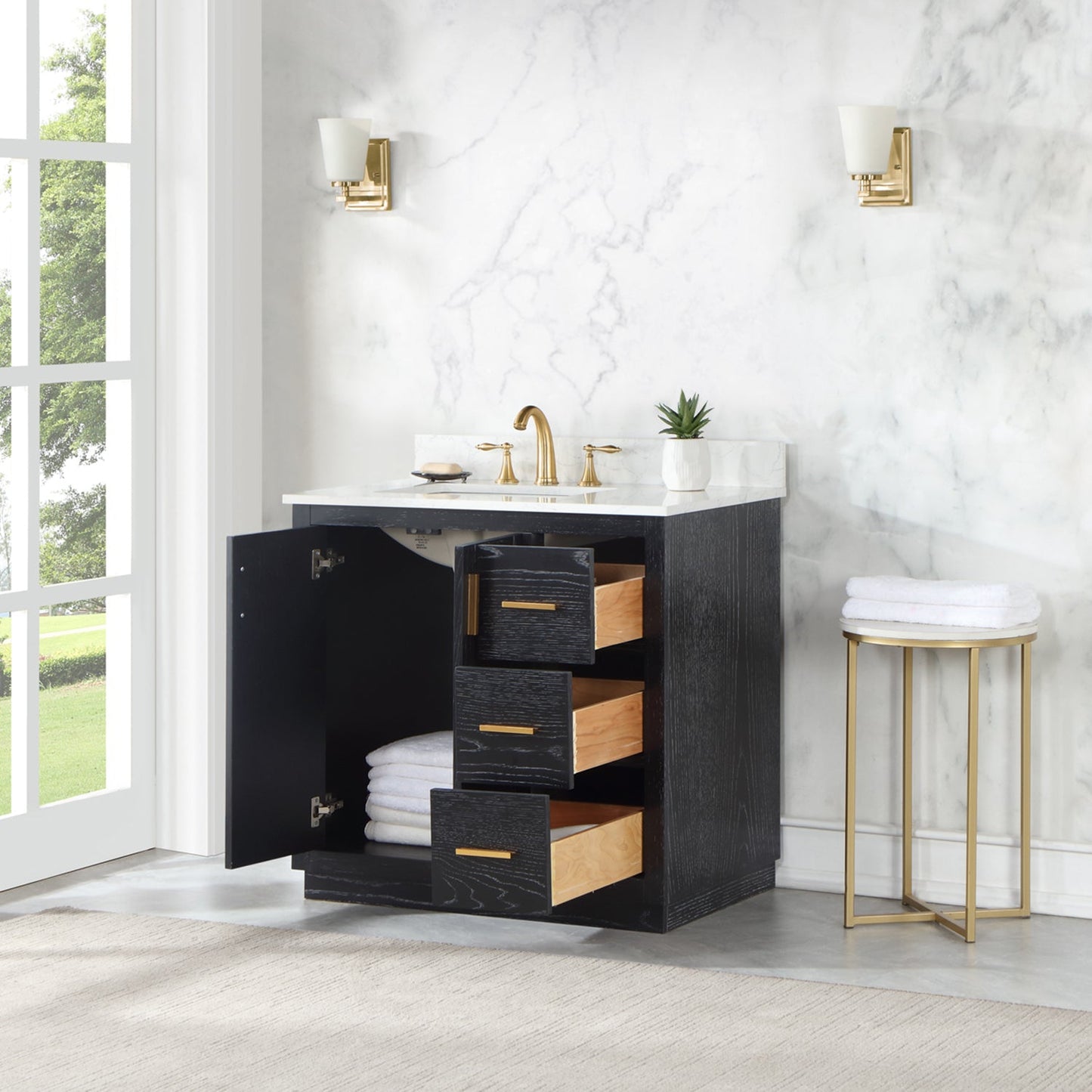 Gazsi 36" Single Bathroom Vanity Set in Black Oak with Grain White Engineered Stone Countertop without Mirror