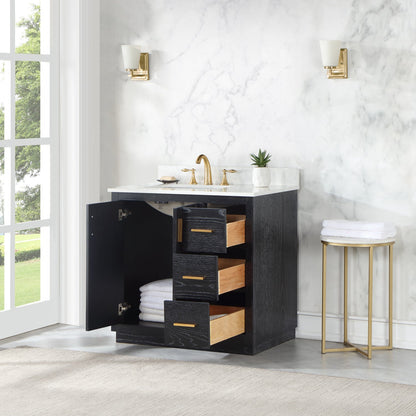 Gazsi 36" Single Bathroom Vanity Set in Black Oak with Grain White Engineered Stone Countertop without Mirror