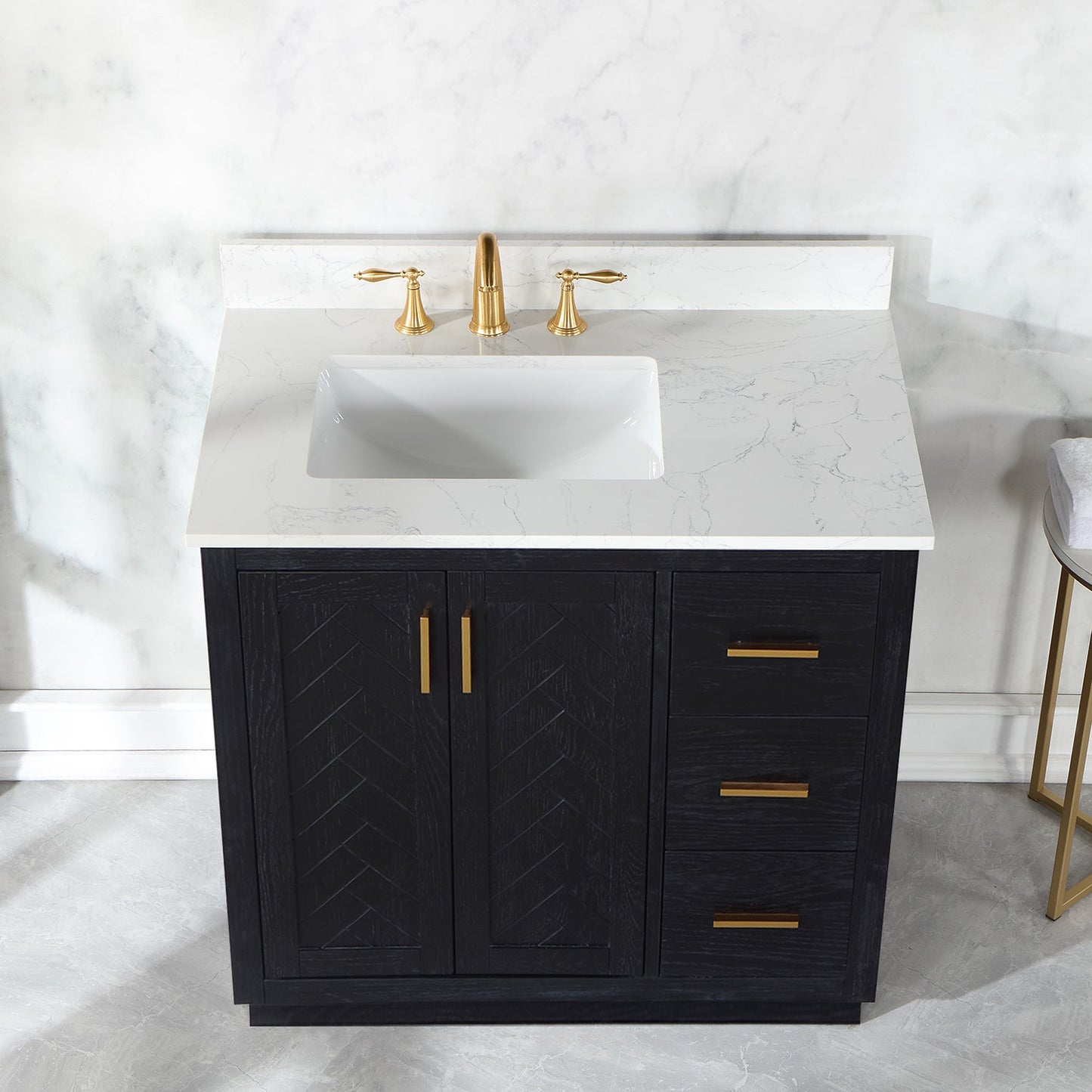 Gazsi 36" Single Bathroom Vanity Set in Black Oak with Grain White Engineered Stone Countertop without Mirror