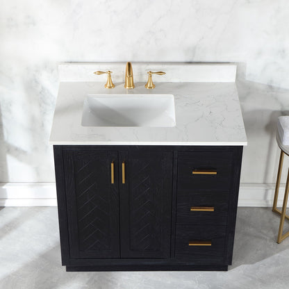 Gazsi 36" Single Bathroom Vanity Set in Black Oak with Grain White Engineered Stone Countertop without Mirror