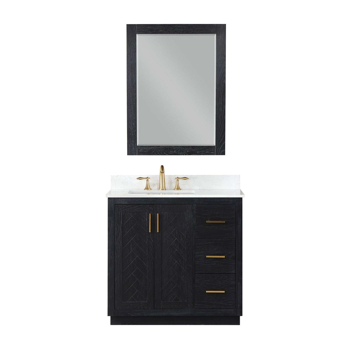 Gazsi 36" Single Bathroom Vanity Set in Black Oak with Grain White Engineered Stone Countertop with Mirror