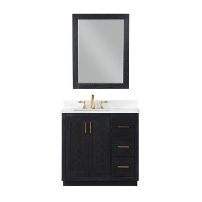 Gazsi 36" Single Bathroom Vanity Set in Black Oak with Grain White Engineered Stone Countertop with Mirror