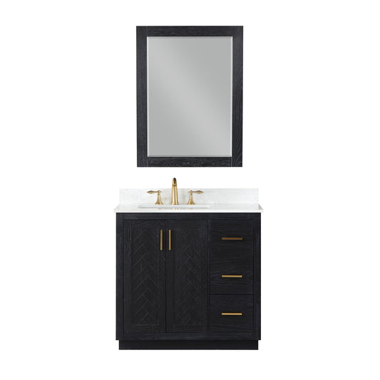 Gazsi 36" Single Bathroom Vanity Set in Black Oak with Grain White Engineered Stone Countertop with Mirror