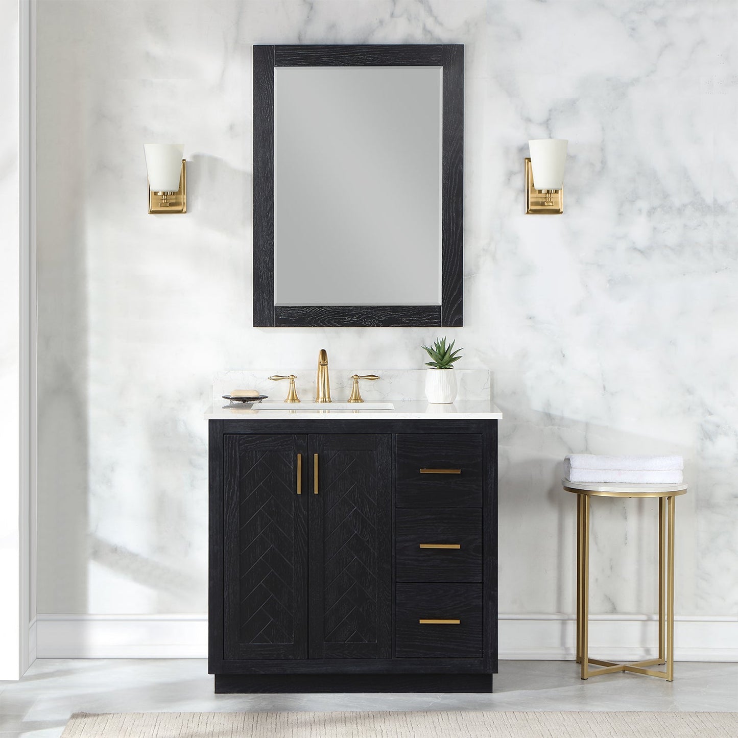 Gazsi 36" Single Bathroom Vanity Set in Black Oak with Grain White Engineered Stone Countertop with Mirror
