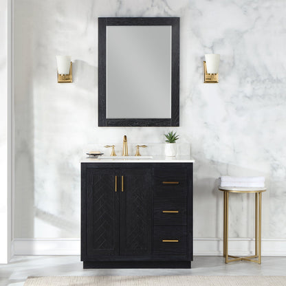 Gazsi 36" Single Bathroom Vanity Set in Black Oak with Grain White Engineered Stone Countertop with Mirror