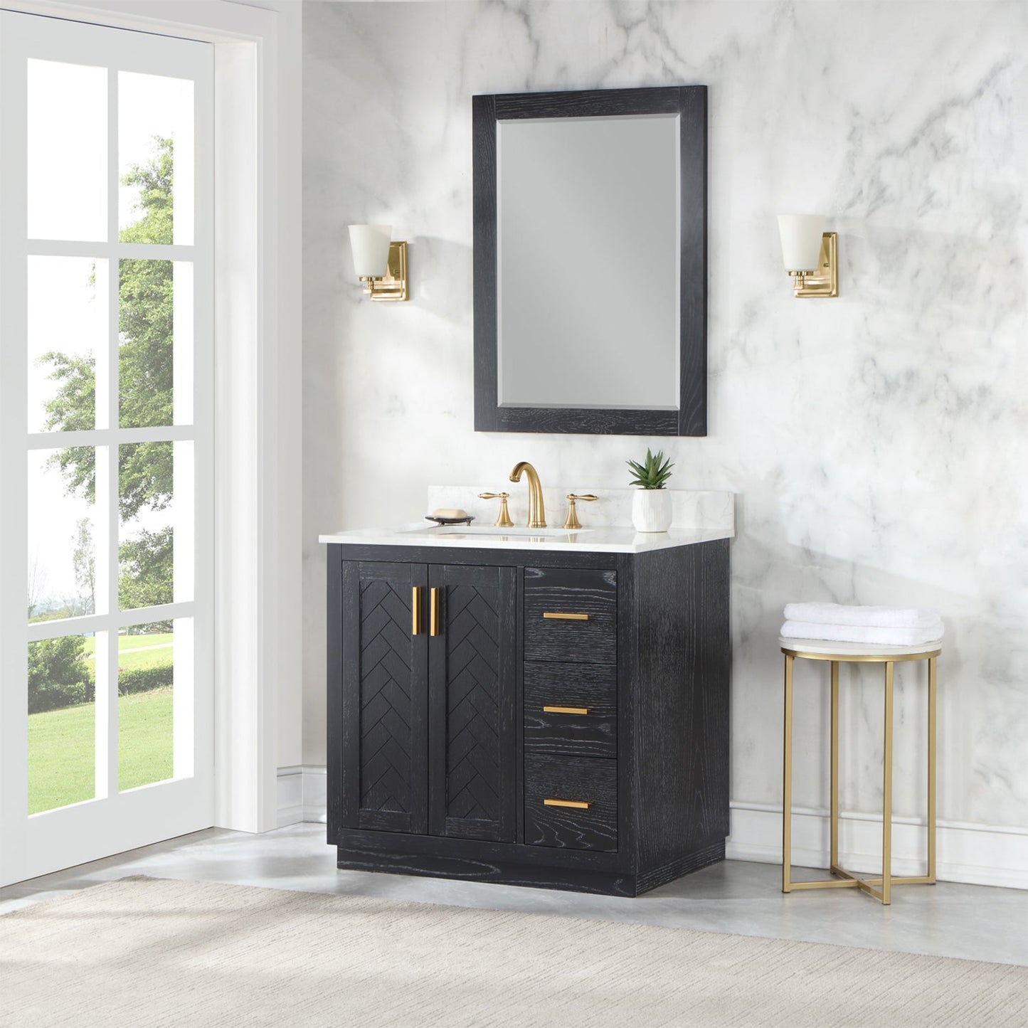 Gazsi 36" Single Bathroom Vanity Set in Black Oak with Grain White Engineered Stone Countertop with Mirror