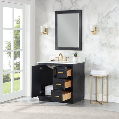 Gazsi 36" Single Bathroom Vanity Set in Black Oak with Grain White Engineered Stone Countertop with Mirror