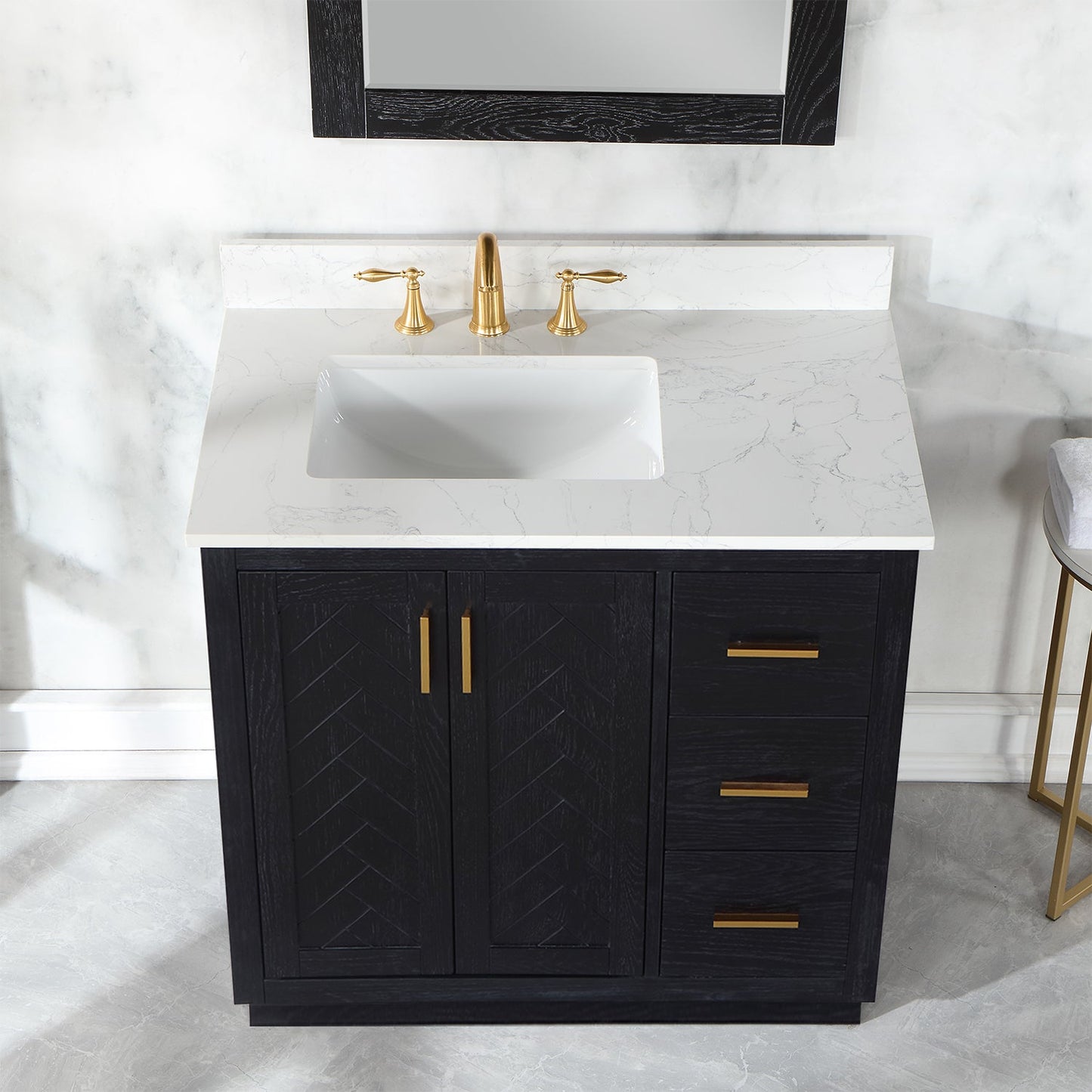 Gazsi 36" Single Bathroom Vanity Set in Black Oak with Grain White Engineered Stone Countertop with Mirror