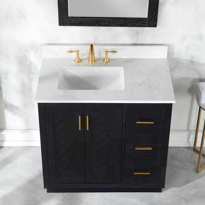 Gazsi 36" Single Bathroom Vanity Set in Black Oak with Grain White Engineered Stone Countertop with Mirror