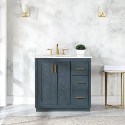 Gazsi 36" Single Bathroom Vanity Set in Classic Blue with Grain White Engineered Stone Countertop without Mirror