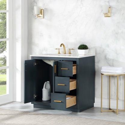 Gazsi 36" Single Bathroom Vanity Set in Classic Blue with Grain White Engineered Stone Countertop without Mirror