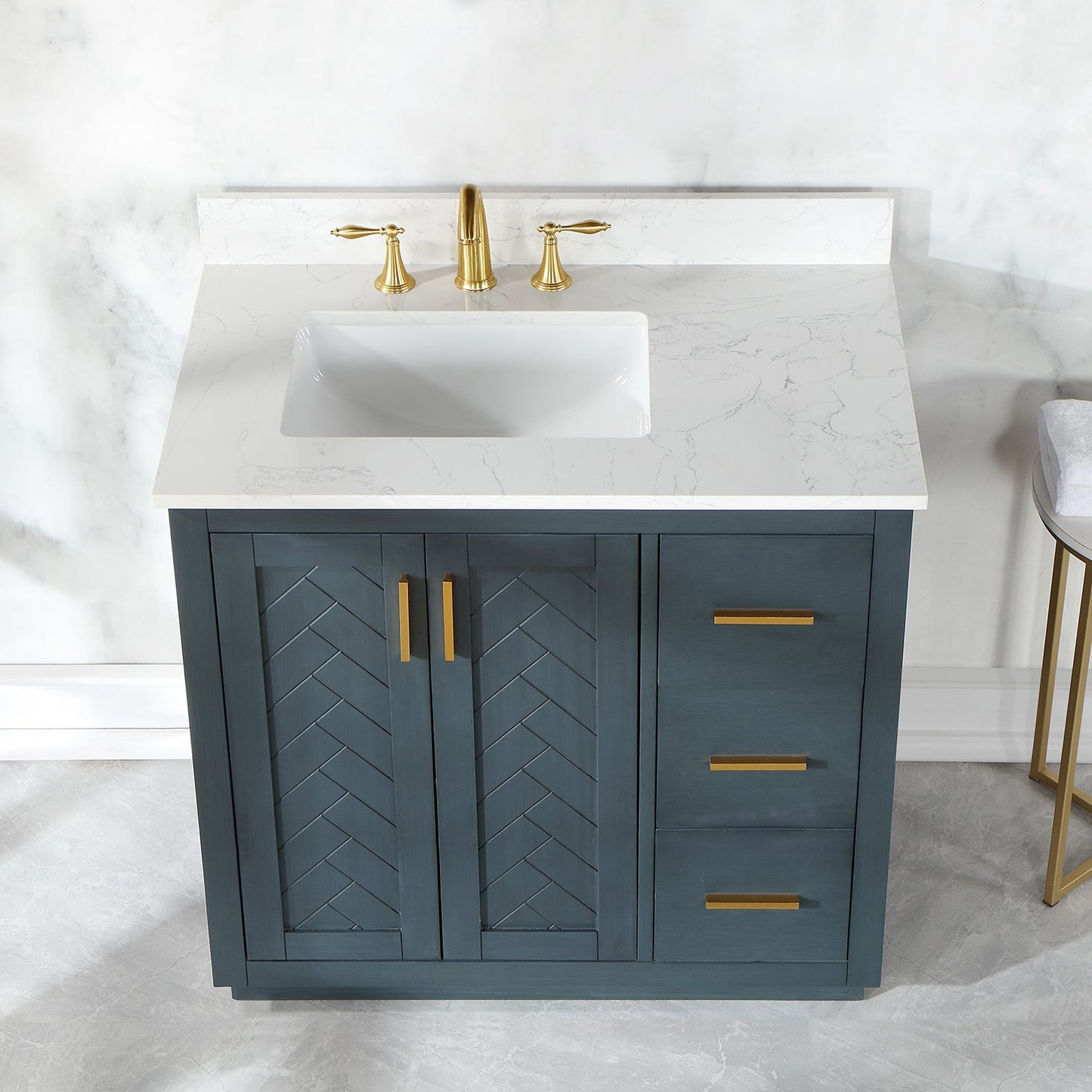 Gazsi 36" Single Bathroom Vanity Set in Classic Blue with Grain White Engineered Stone Countertop without Mirror