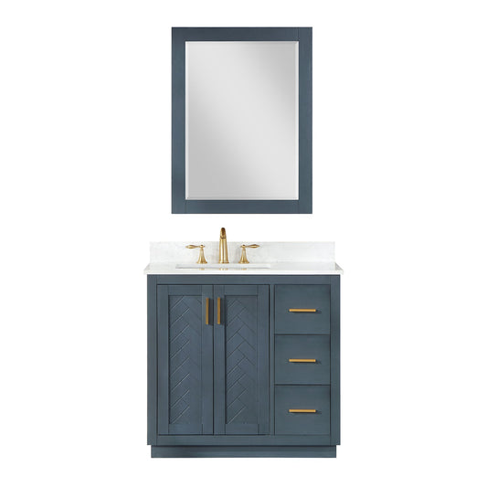 Gazsi 36" Single Bathroom Vanity Set in Classic Blue with Grain White Engineered Stone Countertop with Mirror