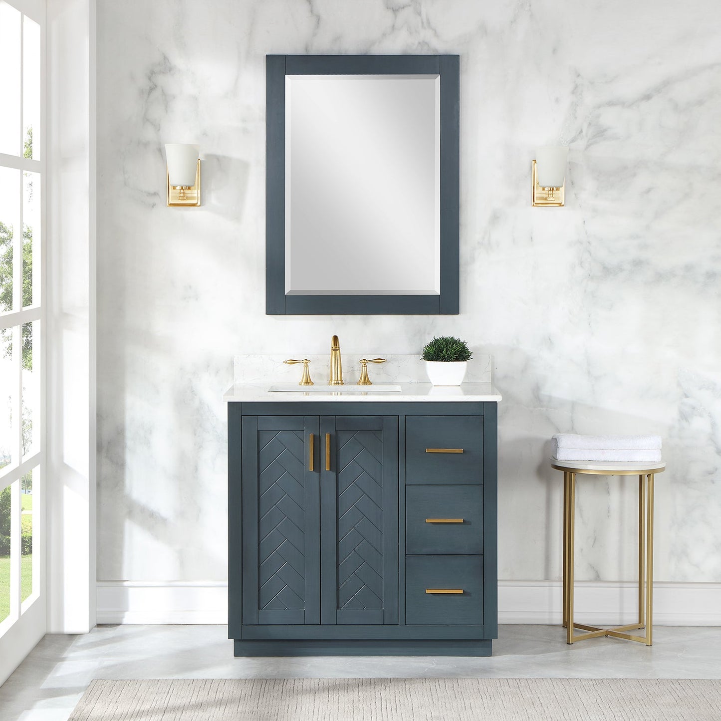 Gazsi 36" Single Bathroom Vanity Set in Classic Blue with Grain White Engineered Stone Countertop with Mirror