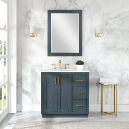 Gazsi 36" Single Bathroom Vanity Set in Classic Blue with Grain White Engineered Stone Countertop with Mirror