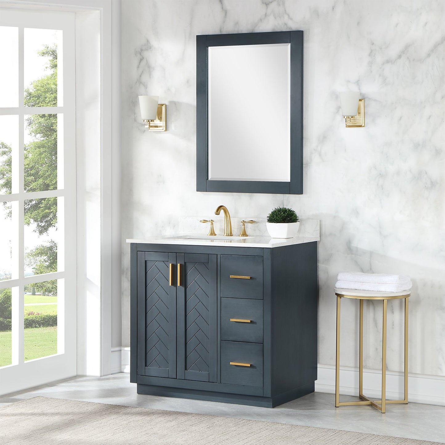 Gazsi 36" Single Bathroom Vanity Set in Classic Blue with Grain White Engineered Stone Countertop with Mirror