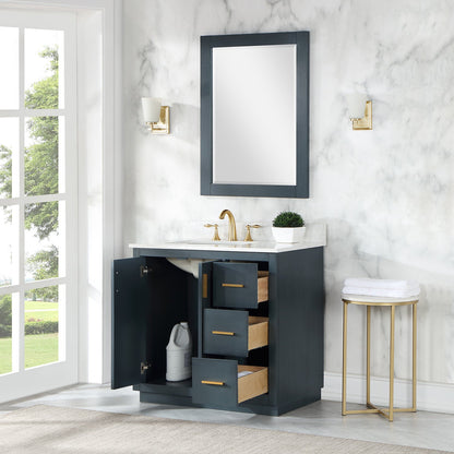 Gazsi 36" Single Bathroom Vanity Set in Classic Blue with Grain White Engineered Stone Countertop with Mirror