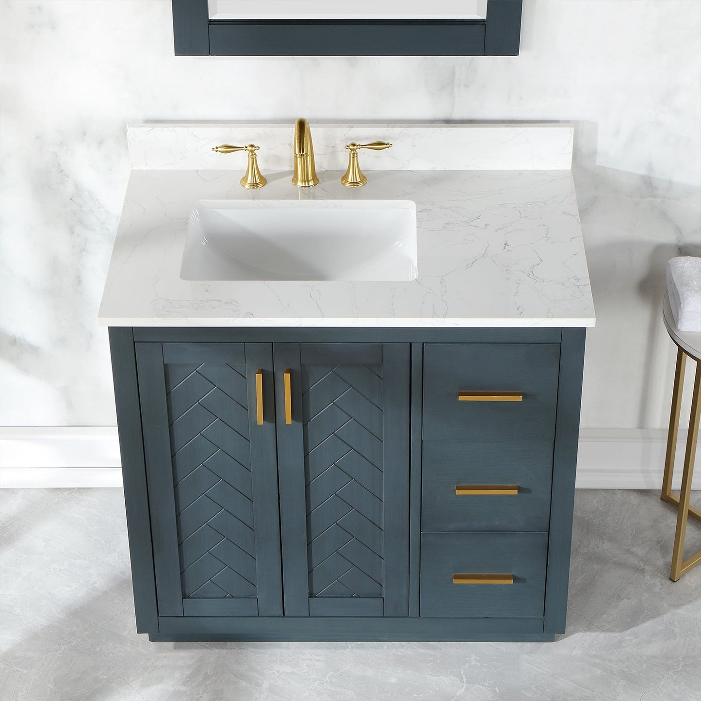 Gazsi 36" Single Bathroom Vanity Set in Classic Blue with Grain White Engineered Stone Countertop with Mirror