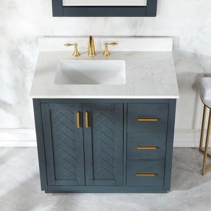 Gazsi 36" Single Bathroom Vanity Set in Classic Blue with Grain White Engineered Stone Countertop with Mirror