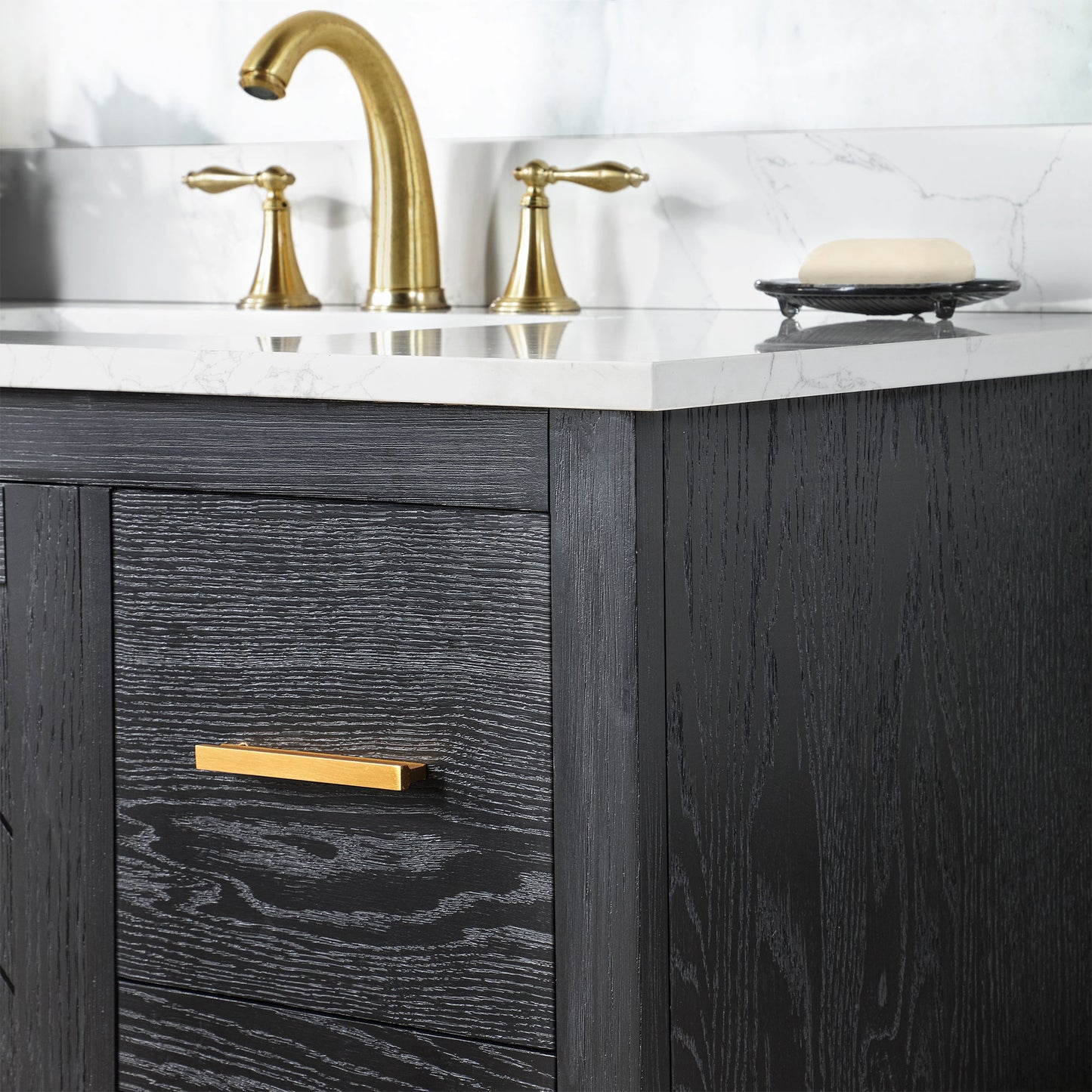 Gazsi 42" Single Bathroom Vanity Set in Black Oak with Grain White Engineered Stone Countertop without Mirror
