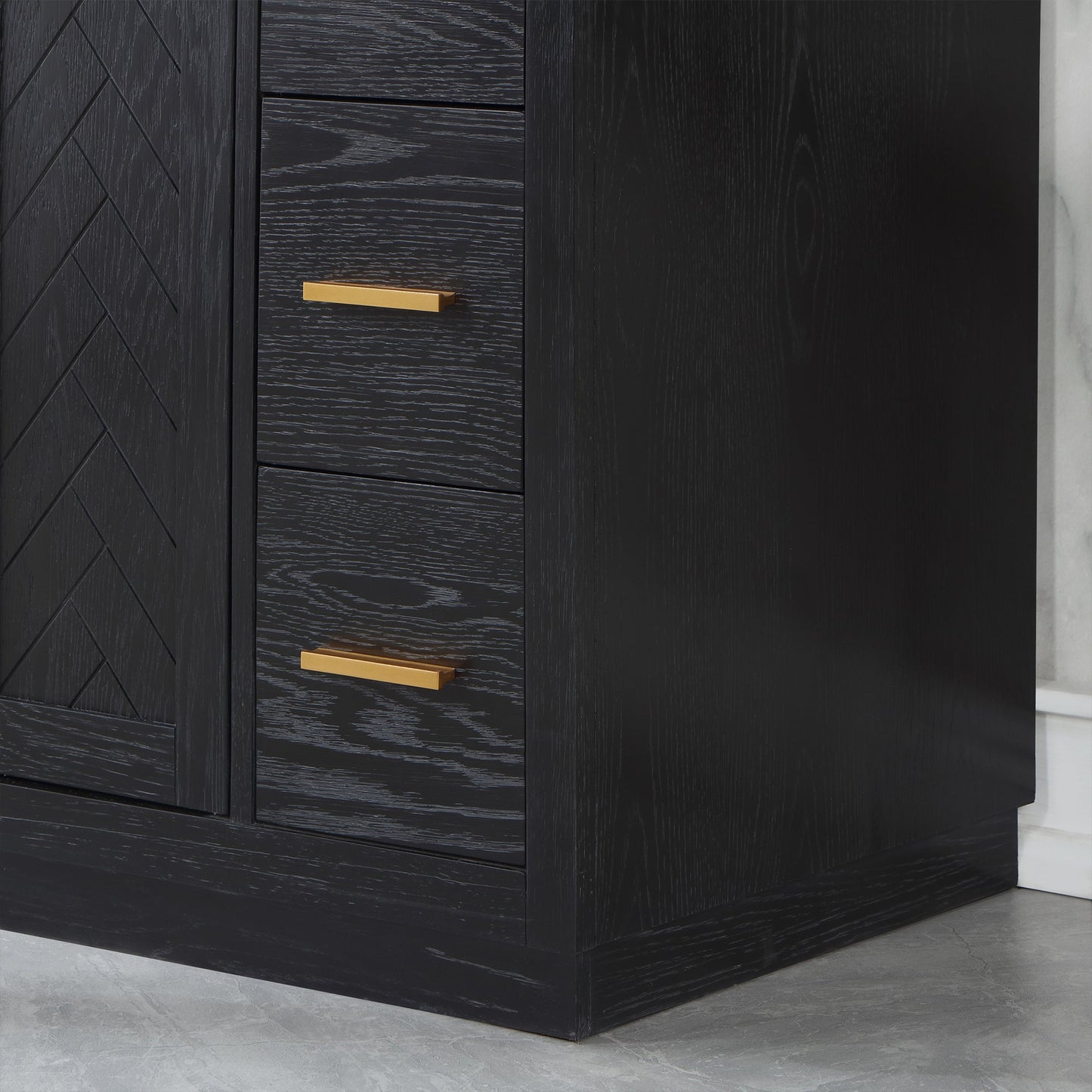 Gazsi 42" Single Bathroom Vanity Set in Black Oak with Grain White Engineered Stone Countertop without Mirror